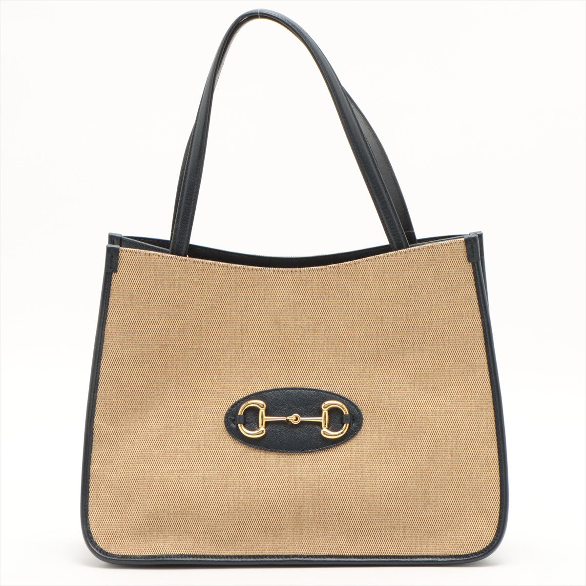 Gucci Horse Bits Canvas & Leather Tote Handbag Beige x navy 623694