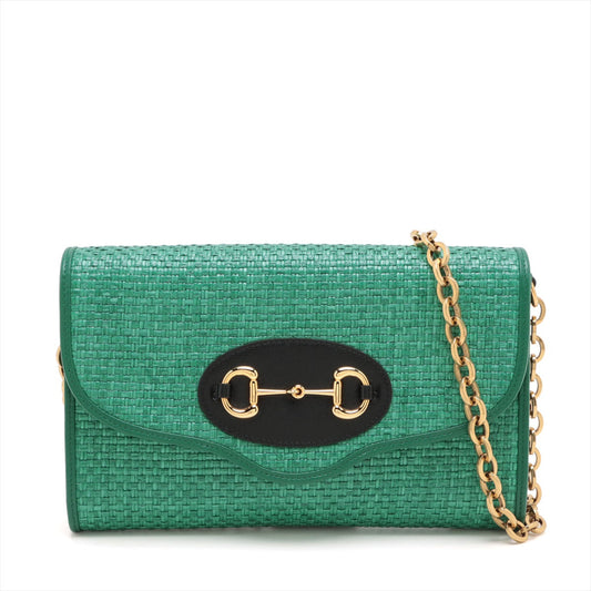 Gucci Horsebit Straw & leather Chain Shoulder Bag Green 655667